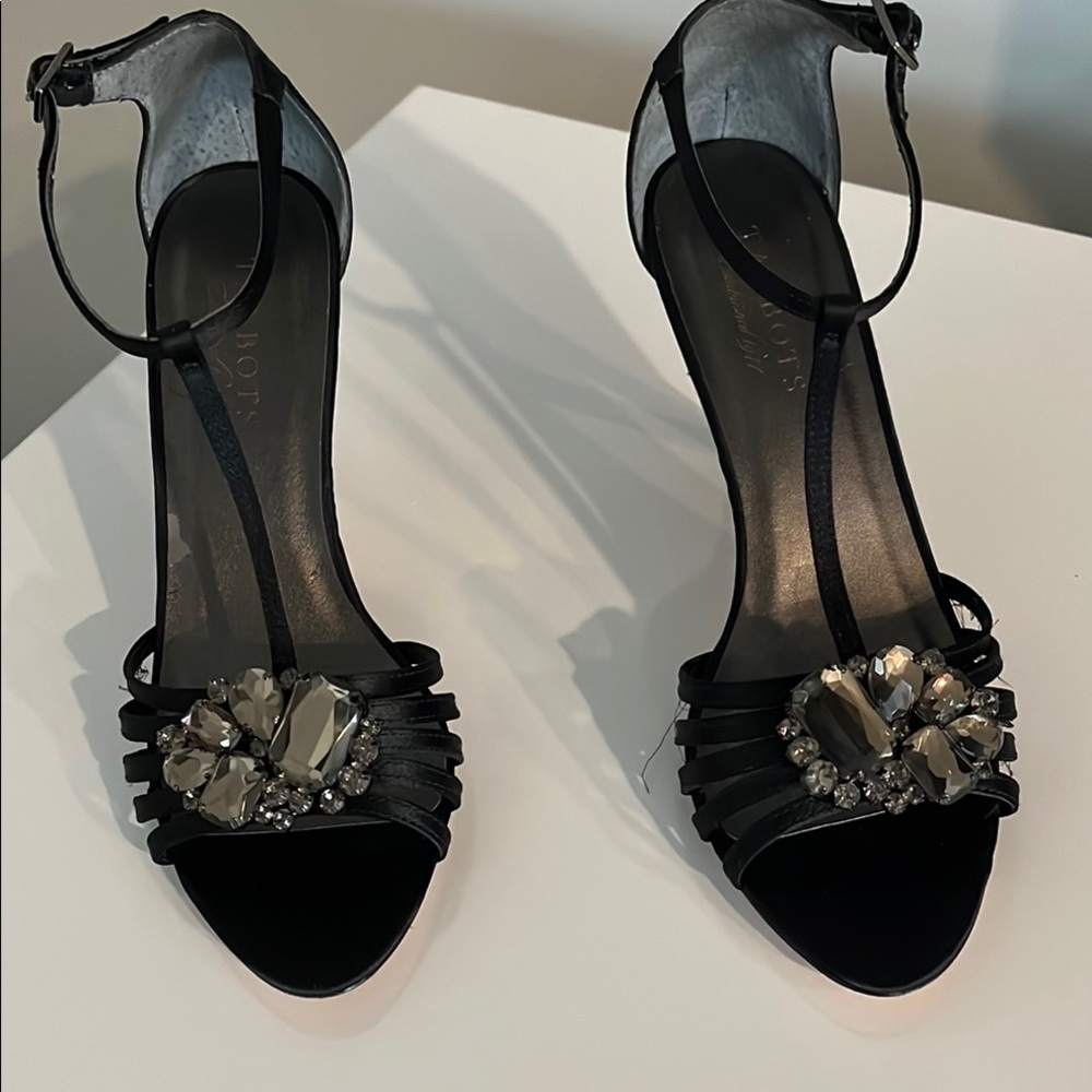 Talbots Black Satin Heels‎ with Ankle Strap and Crystal Embellishments
